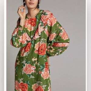 FARM Rio Green Floral Long Sleeve Dress with Pink & Red Blooms